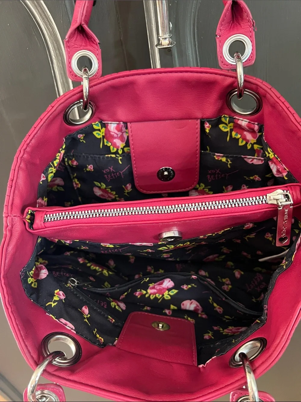 Betsey Johnson Hot Pink Quilted Satchel with Silver Hardware